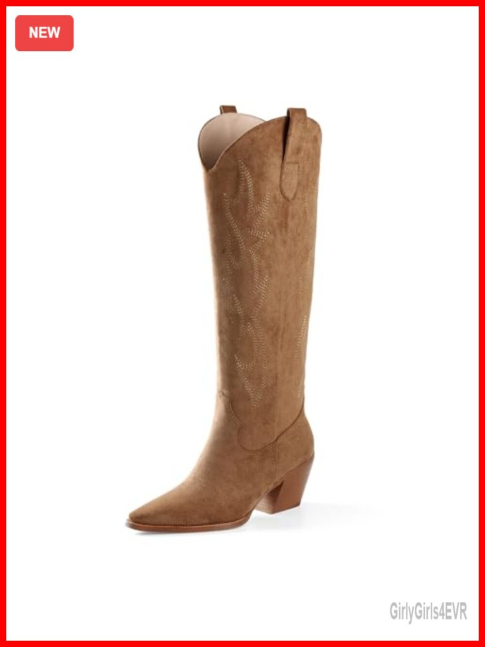 Faux Suede Knee High Cowboy Boots Pointed Toe Block Heel Embroidered
